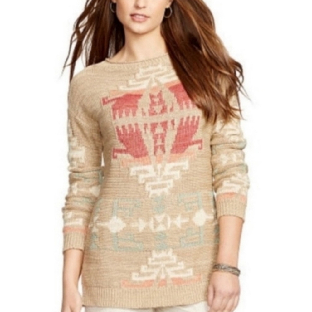 LAUREN Ralph Lauren, Aztec Southwestern Sweater, Tan, Size PM - Picture 2 of 9